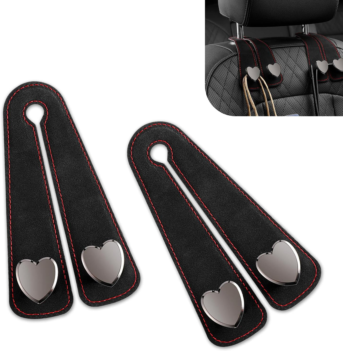 2Pcs Car Headrest Hooks, Luxurious Leather Metal Twin Hook Design, Multifunctional Seat Back Storage Hanger Holder, Universal Auto Accessory for Purses Bags Handbags (Black)