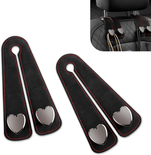 2Pcs Car Headrest Hooks, Luxurious Leather Metal Twin Hook Design, Multifunctional Seat Back Storage Hanger Holder, Universal Auto Accessory for Purses Bags Handbags (Black)
