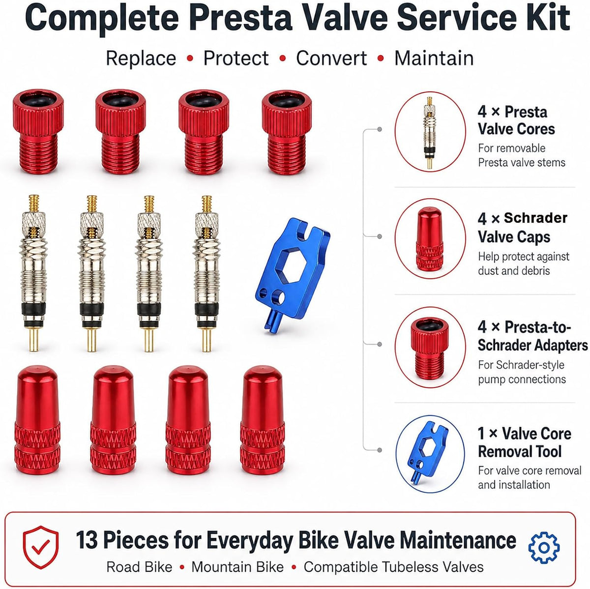Presta Valve Core Kit, Bike Valve Cores, Caps and Presta