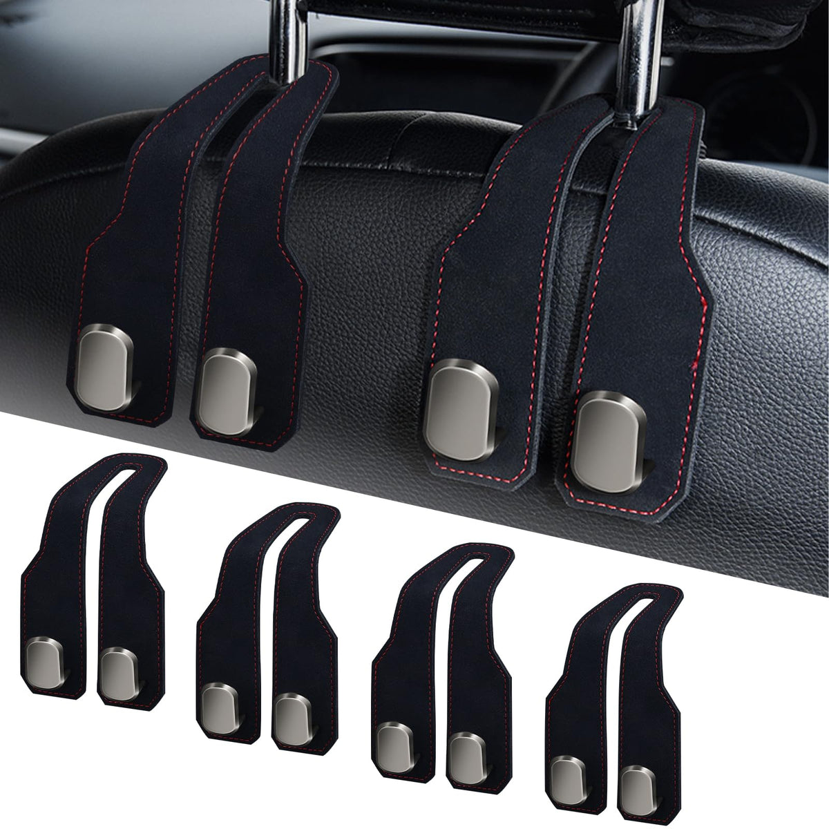 Car Purse Hook, Car Seat Headrest Hooks, Black Leather 2 Pack