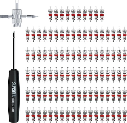 SUNSOUL 102PCS Schrader Tire Valve Cores with 4-Way Valve Core Removal Tool