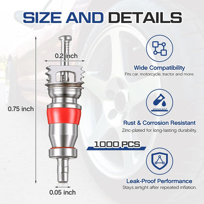 1000 Pcs Premium Tire Valve Cores, Zinc Alloy Valve Stem Core Replacement, TPMS Safe, Individually Packed, Universal for Most Automotive Car Truck Rv ATV Motorcycle Bicycle Air Conditioning