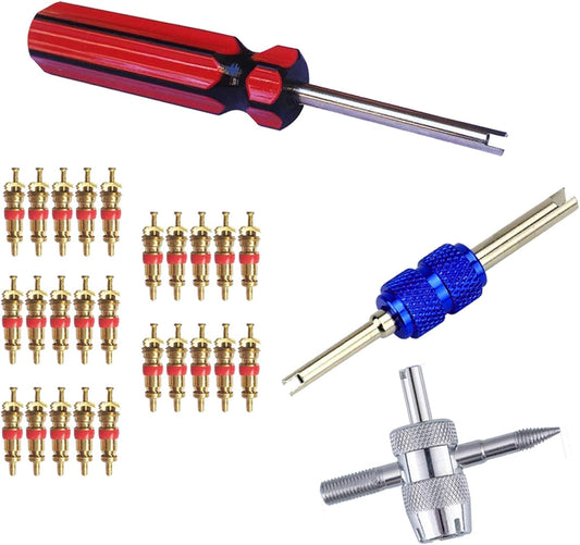 FEBRYTOLD 3 Pcs Tire Valve Core Remover Tools with 25 Pcs Brass Valve Stem Cores, 4-Way Valve Stem Core Tool, Dual & Single Head Tire Valve Core Remover Installer Tools