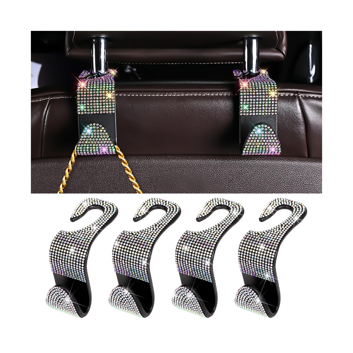 Zpana 4PCS Bling Car Seat Headrest Hooks, Crystal Rhinestones, Pink