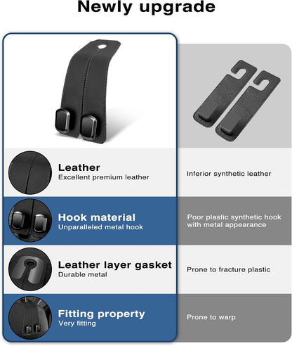 Car Hooks for Headrest, 2Pcs Seat Back Storage Hook Luxurious Leather 100% Metal Multifunctional Car Hanger & Holder for Heatrest, Seat, Bag, Purse (Black)