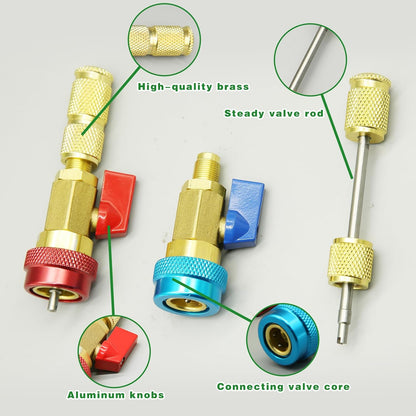 31Pcs R134A Valve Core Remover Installer Tool Kit, High Low Pressure Valve Core Quick Removal Tool Comes with AC Service Port Cap R134A Valve Core Valve Stem for Refrigerant Air Conditioner System