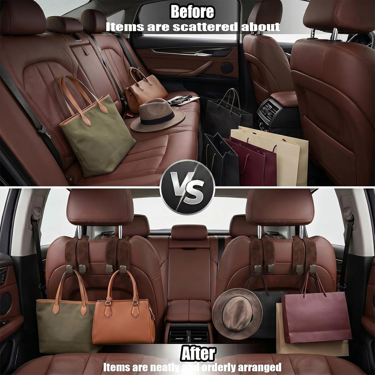 2 Pcs Purse Hook for Car, Leather Headrest Hooks for Car Seat, Universal Car Hooks Bag Holder for Purses, Handbags, Grocery Bags, Vehicle Seat Back Storage Organizer (Brown)