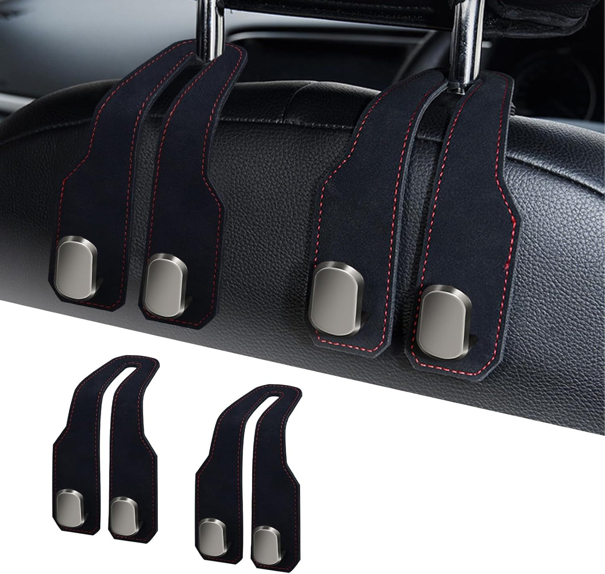 Car Purse Hook, Car Seat Headrest Hooks, Black Leather 2 Pack