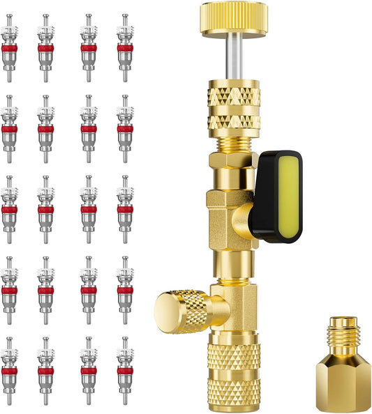 HTOMT Valve Core Remover Installer Tool with Dual Size SAE 1/4 and 5/16 Port Brass Adapter, Schrader Valve Tool for R22 R410a Refrigerant Systems (1 Valve Core Remover + 21 Accessories)
