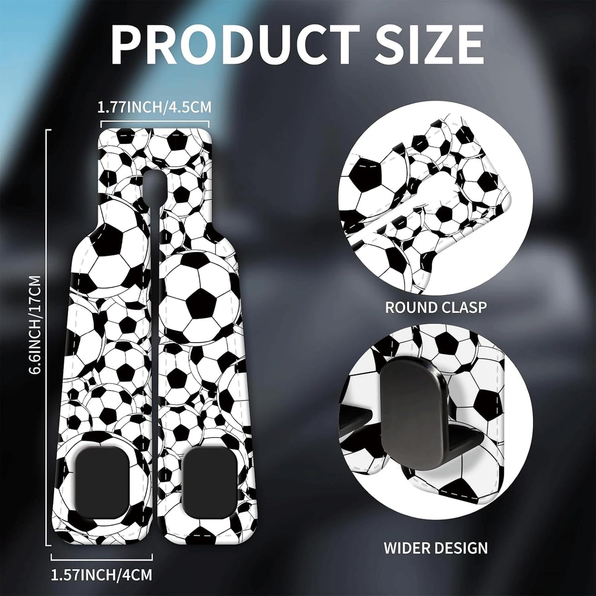 Car Seat Headrest Hook, Universal Leather Cute Hanger Holder Hook, Storage Organizer Interior Accessories for Purse Bags Handbag Black White Soccer
