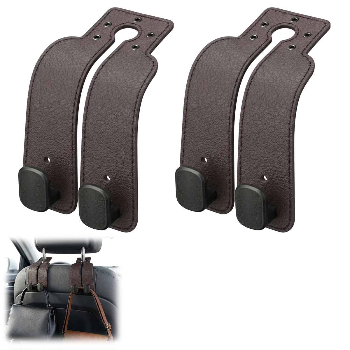 Headrest Hooks for Car, Car Seat Back Organizer Storage Hook, Double Hook Car Seat Hooks for Hanger Purses and Bags, Leather Purse Holder for Car (Grey)