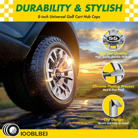 (4-Pack) Premium 8" Golf Cart Hub Caps, Hubcaps & Wheel Rim Covers, 6-Spoke Design for Club Car, EZGO, Yamaha (Excludes RXV Models) - 8 Inch Set, Abs,Steel, Acrylonitrile Butadiene Styrene