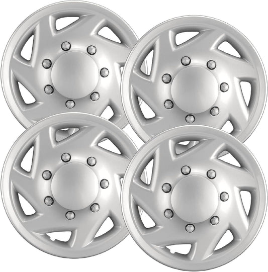 Premium Quality 16" Silver Hubcaps/Wheel Covers fits Ford Van, One-Piece Heavy Duty Construction (Set of 4)