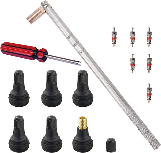 FEBRYTOLD Tire Valve Stem Tool Remover & Installation, 6 Pcs TR412 Snap-in Valve Stems with Valve Stem Cores, 1 Pcs Single Head Tire Valve Core Remover Installer Tool (14 Pcs)