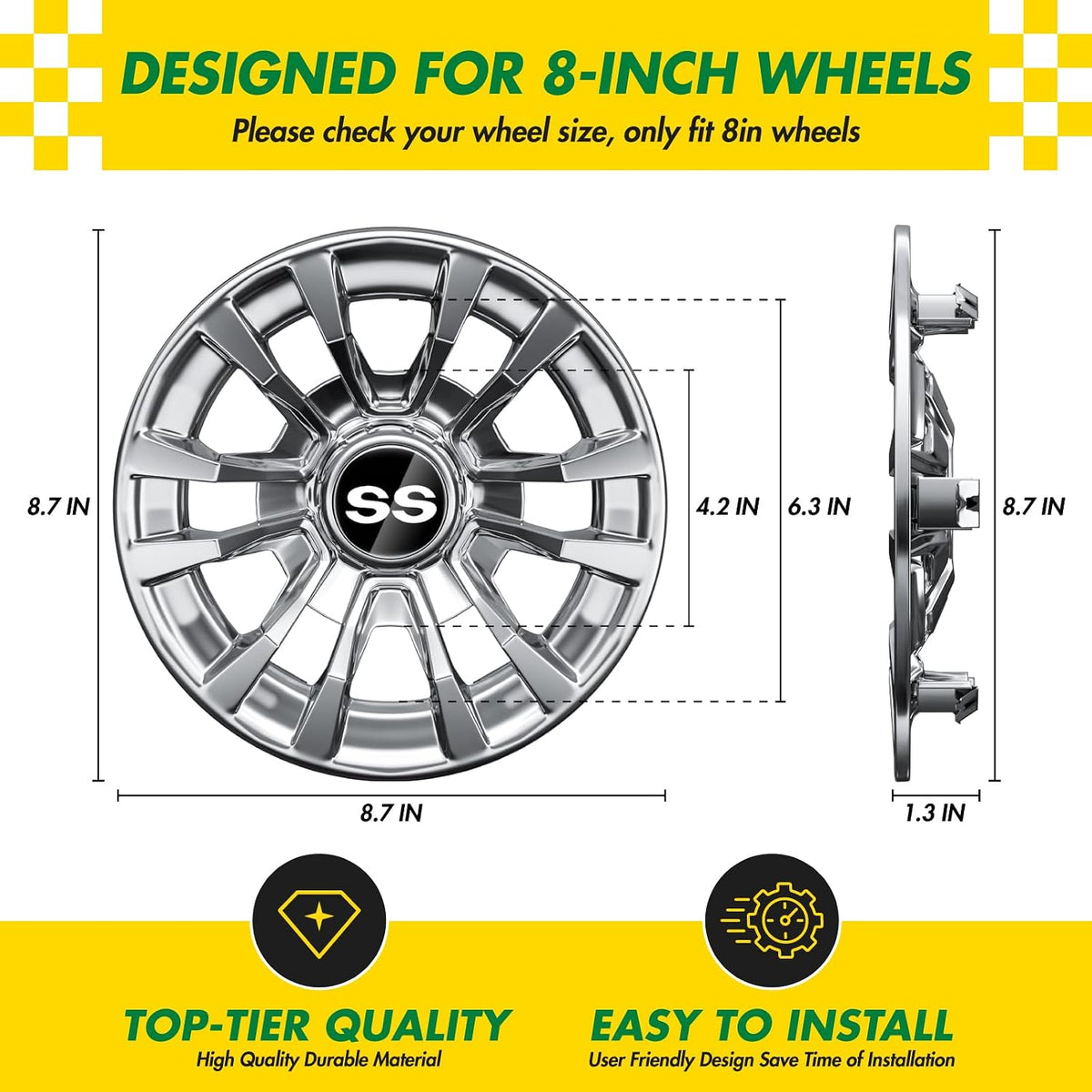 (4-Pack) Premium 8" Golf Cart Hub Caps, Hubcaps & Wheel Rim Covers, 6-Spoke Design for Club Car, EZGO, Yamaha (Excludes RXV Models) - 8 Inch Set, Abs,Steel, Acrylonitrile Butadiene Styrene