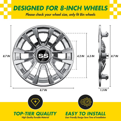 (4-Pack) Premium 8" Golf Cart Hub Caps, Hubcaps & Wheel Rim Covers, 6-Spoke Design for Club Car, EZGO, Yamaha (Excludes RXV Models) - 8 Inch Set, Abs,Steel, Acrylonitrile Butadiene Styrene