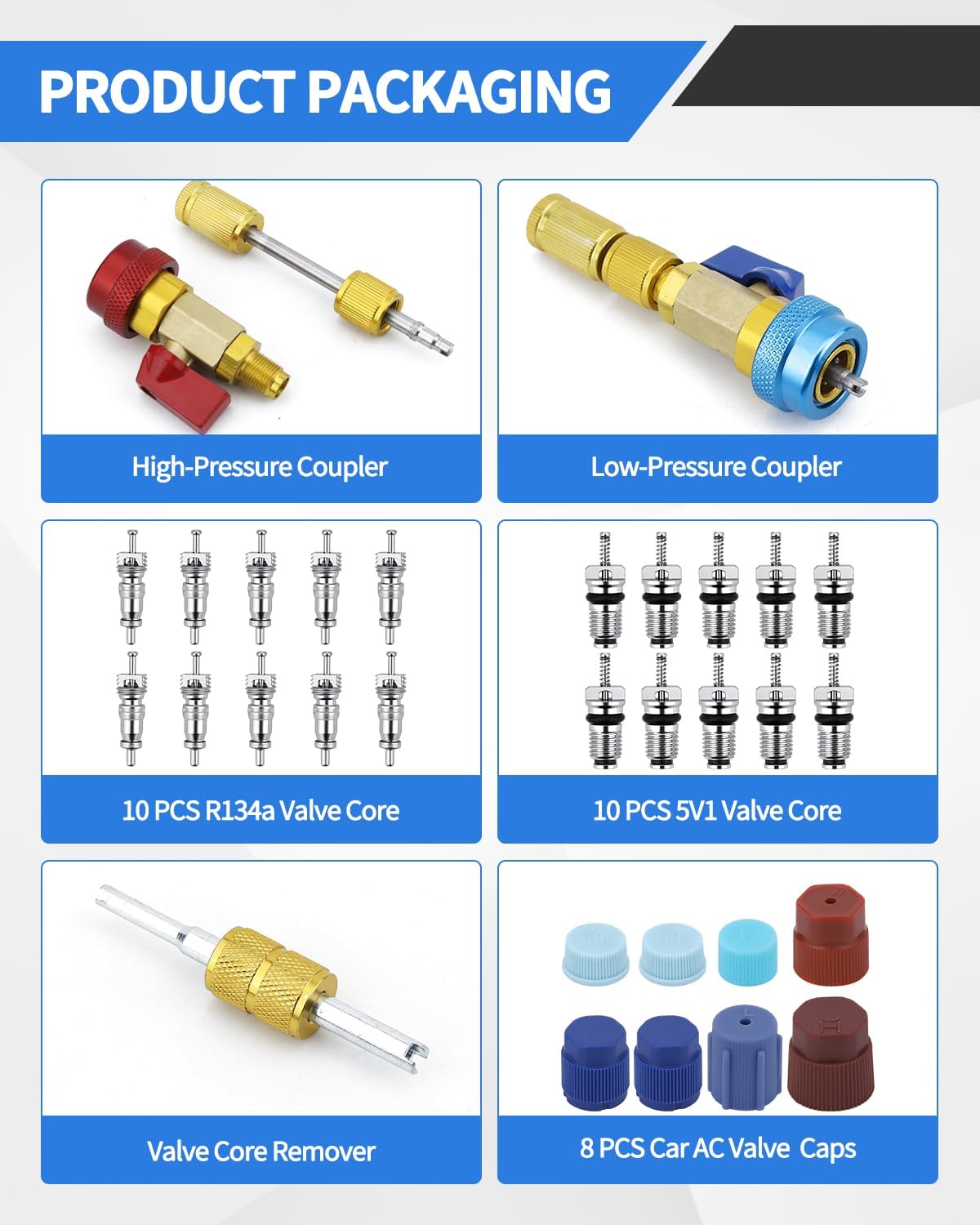 31 PCS R134A Valve Core Quick Remover Installer Tool Kit, High Low Pressure AC Valve Core Removal Tool, R134A Valve Core AC Service Port Cap Valve Stem for Refrigerant Air Conditioner System