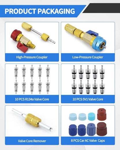 31 PCS R134A Valve Core Quick Remover Installer Tool Kit, High Low Pressure AC Valve Core Removal Tool, R134A Valve Core AC Service Port Cap Valve Stem for Refrigerant Air Conditioner System