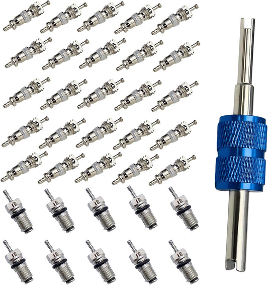 Air Conditioning Valve Core A/C R12 R134a Refrigeration Schrader Valve Cores for Car Home AC with Double Head Dual Valve Remover Tool