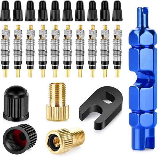 26 Pieces Presta Valve Core Repair Kit，Tubeless Valve&Presta Valve Caps；Valve Core Removal Tool and Adapter with Black Tire Valve Caps