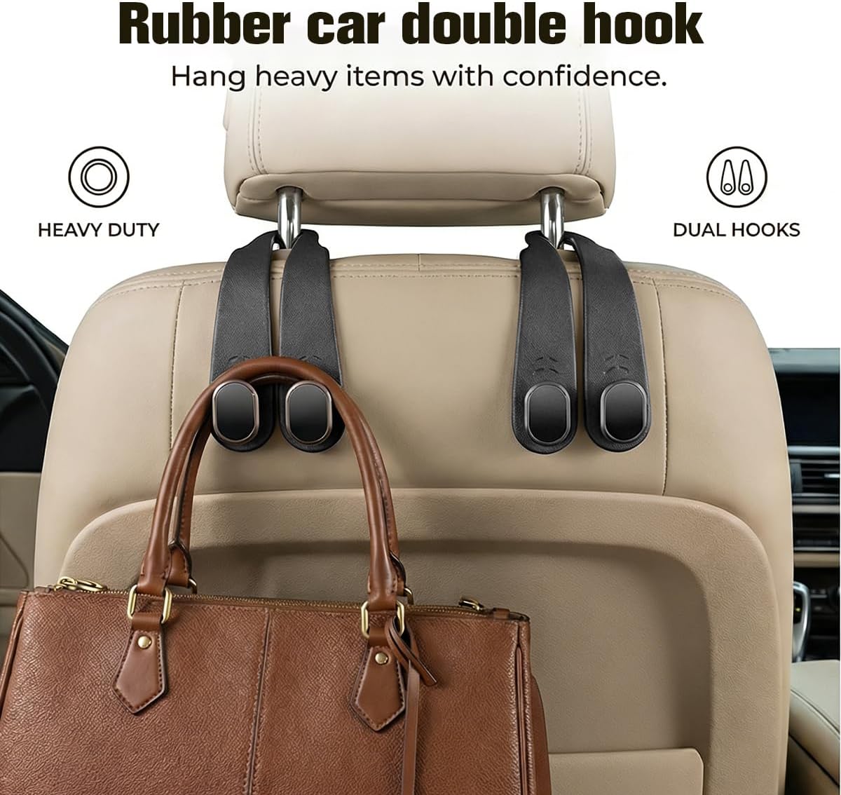 2PCS Car Seat Headrest Hook, Multifunctional Dual Hook Backseat Bag Purse Holder Organizer, Auto Interior Seat Back Storage Hanger for Coat Umbrella Grocery, Universal for Vehicles (Black)