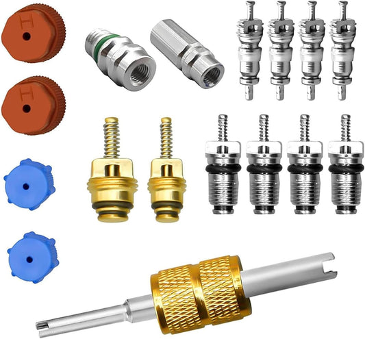 17 PCS Air Conditioning Valve Core Kit, R12 R134A A/C Ducts Pressure Caps and Service Valves, Universal Valve Core A/C Refrigeration SystemKit, for Most Cars (Multicolored)