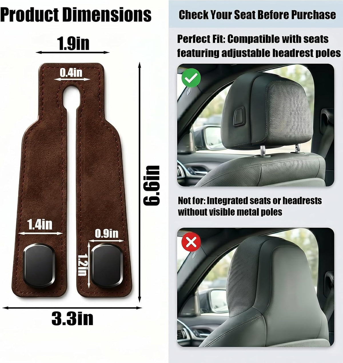 2 Pcs Purse Hook for Car, Leather Headrest Hooks for Car Seat, Universal Car Hooks Bag Holder for Purses, Handbags, Grocery Bags, Vehicle Seat Back Storage Organizer (Brown)