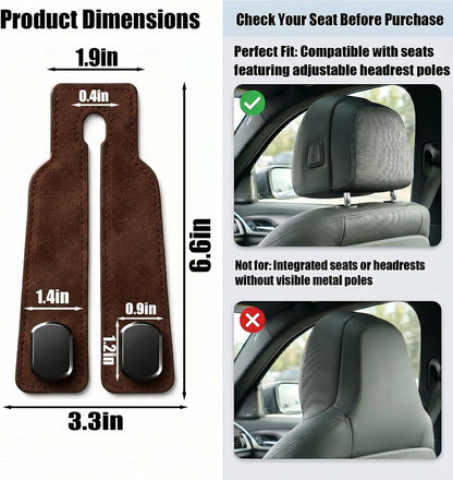 2 Pcs Purse Hook for Car, Leather Headrest Hooks for Car Seat, Universal Car Hooks Bag Holder for Purses, Handbags, Grocery Bags, Vehicle Seat Back Storage Organizer (Brown)