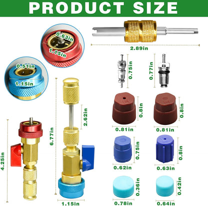 31Pcs R134A Valve Core Remover Installer Tool Kit, High Low Pressure Valve Core Quick Removal Tool Comes with AC Service Port Cap R134A Valve Core Valve Stem for Refrigerant Air Conditioner System
