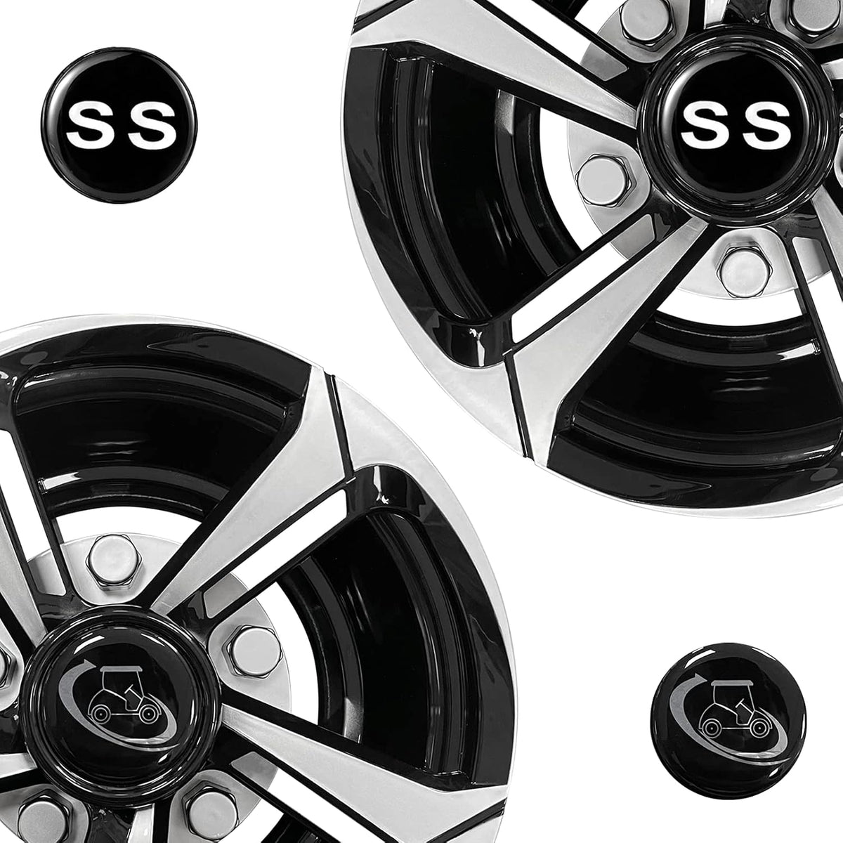 XUANYUDG0769 Golf Cart Hubcaps Wheel Covers for EZGO Club Car Yamaha Golf Cart Wheels and Tires Center Caps 8 Inch, Set of 4 Golf Cart Hub Caps, Black and Silver