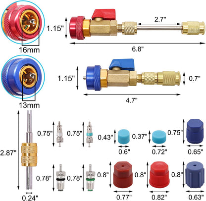 TWTADE R134A Valve Core Quick Remover Installer Tool Kit - High Low Pressure Car A/C Valve Core Removal Tool, Schrader Valve Stem Cores & Seal Caps for R12 R134a Refrigeration Air Conditioner System