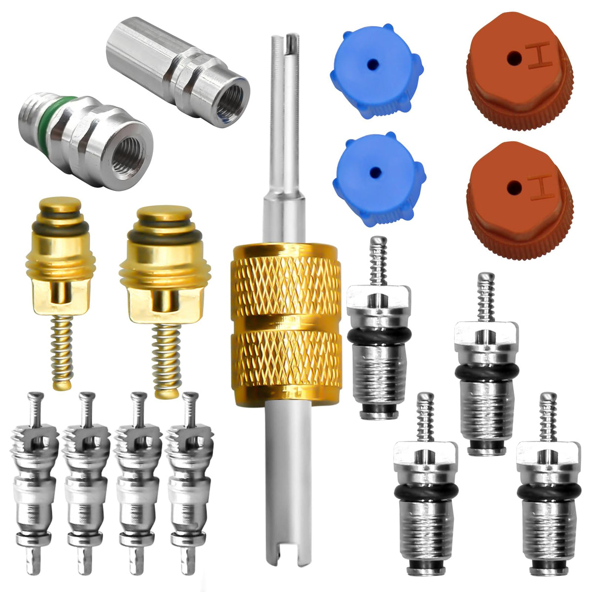 31Pcs R134A Valve Core Quick Remover Installer Tool Set, High Low Pressure AC Valve Core Removal Tool with R134A Valve Core AC Service Port Cap Valve Stem Kit for Refrigerant Air Conditioner System