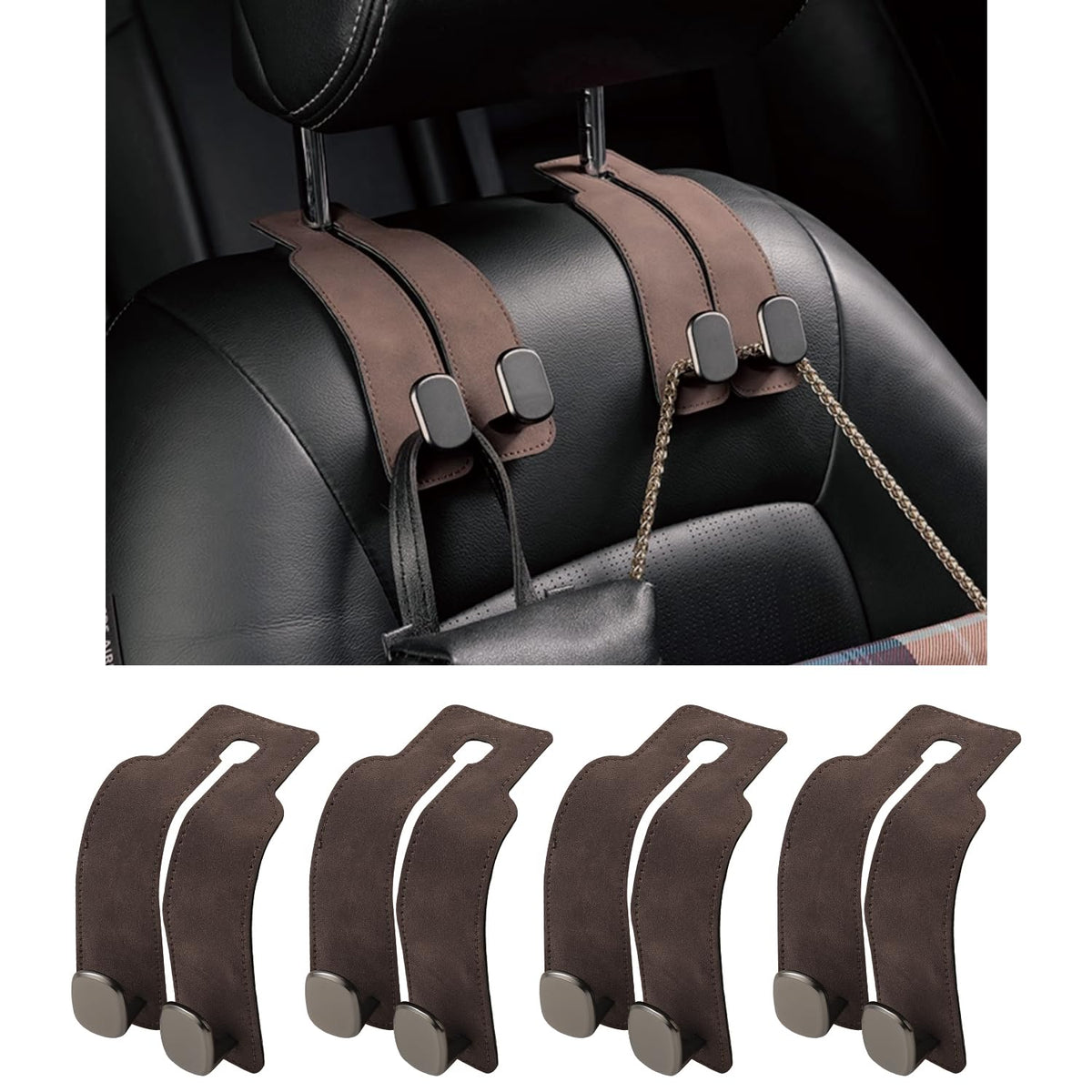 KINIVA Car Seat Headrest Storage Hooks, Set of 2, Suede PU Leather, Double Hooks (Grey)