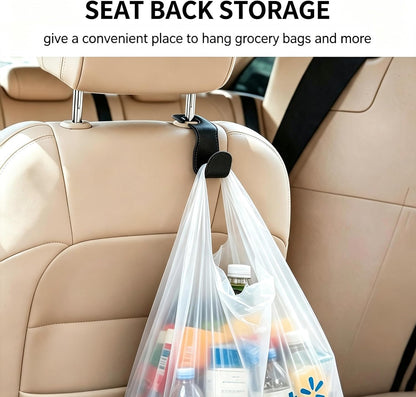 EldHus Headrest Hooks for Purses and Bags, 2 Pack Car Seat Hooks for Grocery Bag Handbag, Metal Car Purse Holder Covered by Leather, Black