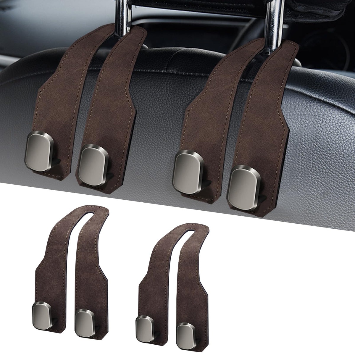 Car Purse Hook, Car Seat Headrest Hooks, Black Leather 2 Pack
