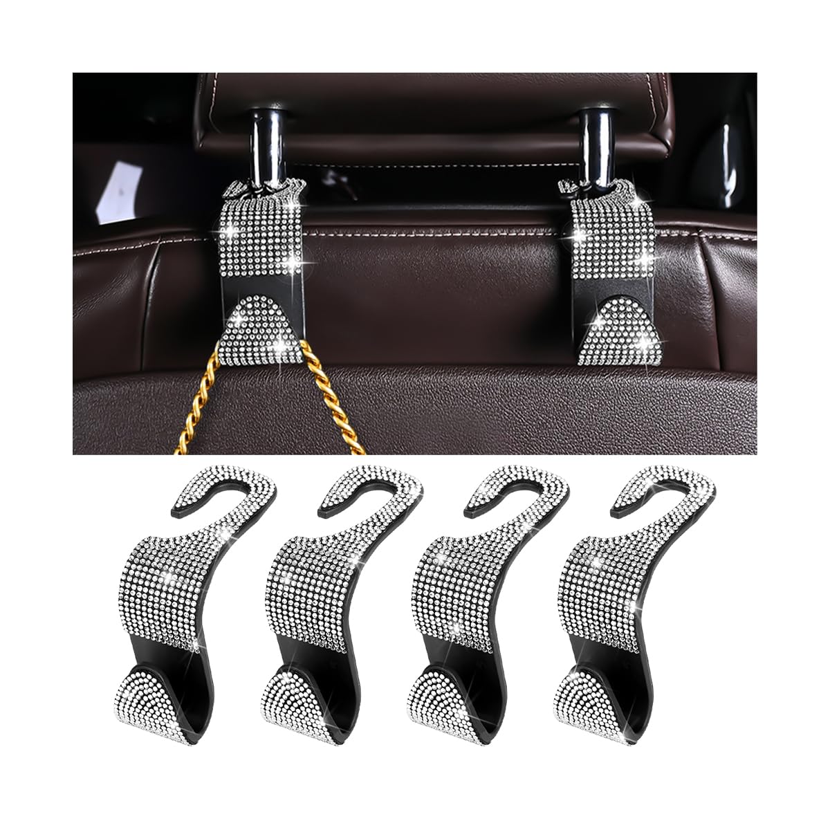 Zpana 4PCS Bling Car Seat Headrest Hooks, Crystal Rhinestones, Pink