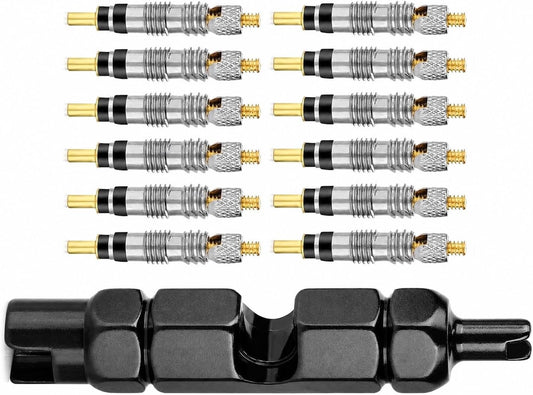 13 Pcs Presta Valve Core Kit, 12 Brass Bicycle Valve Core Replacements with Dual-Head Valve Core Removal Tool, Presta and Schrader Valve Stem Remover for MTB, Road Bike and Tubeless Tire Repair