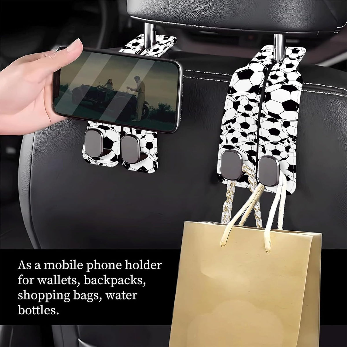 Car Seat Headrest Hook, Universal Leather Cute Hanger Holder Hook, Storage Organizer Interior Accessories for Purse Bags Handbag Black White Soccer
