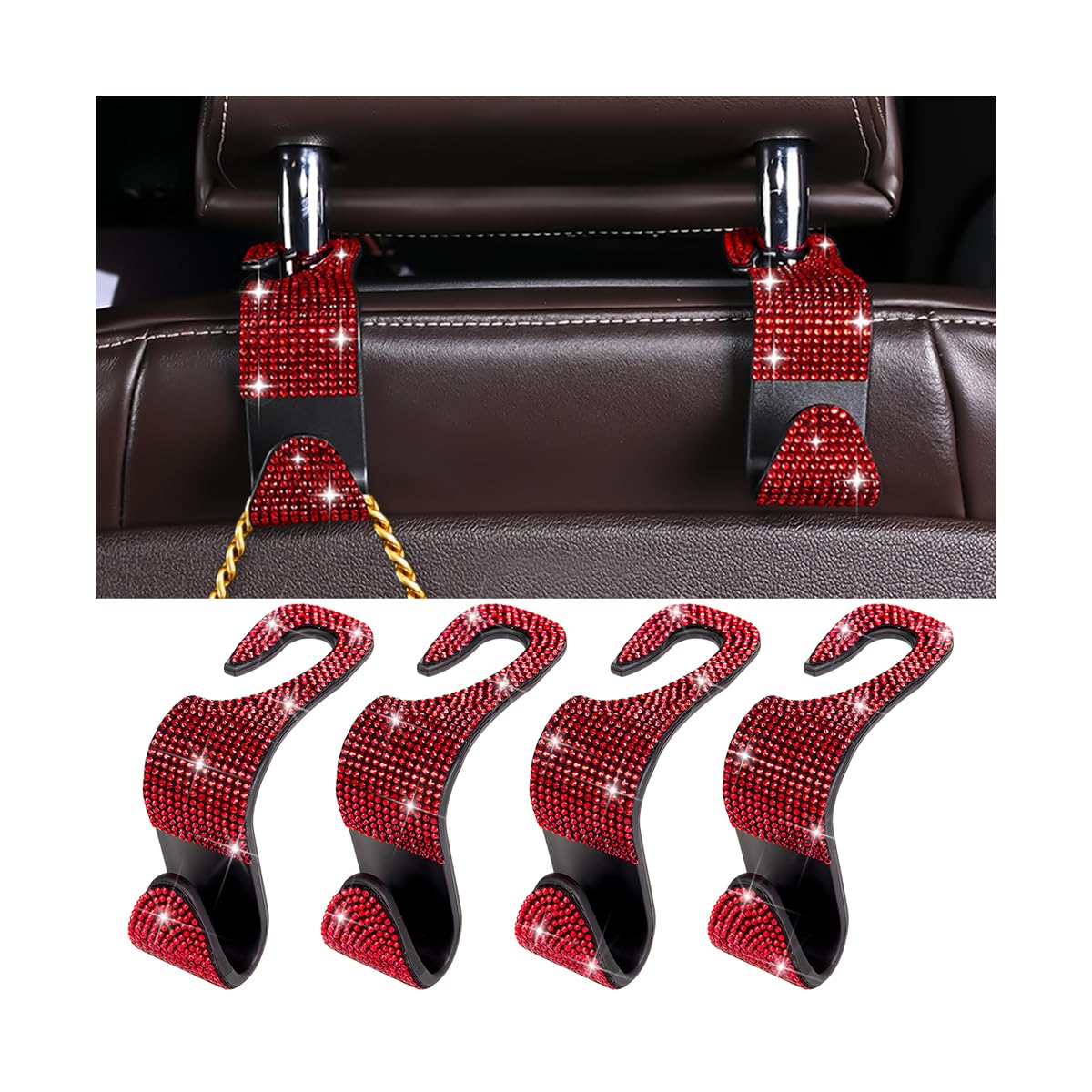 Zpana 4PCS Bling Car Seat Headrest Hooks, Crystal Rhinestones, Pink