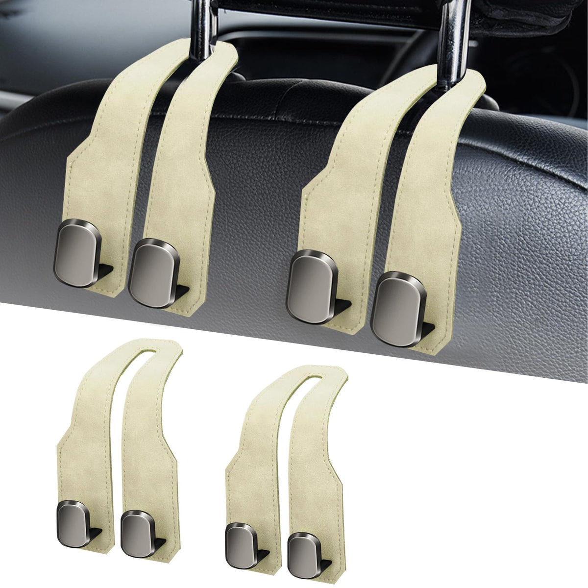 Car Purse Hook, Car Seat Headrest Hooks, Black Leather 2 Pack