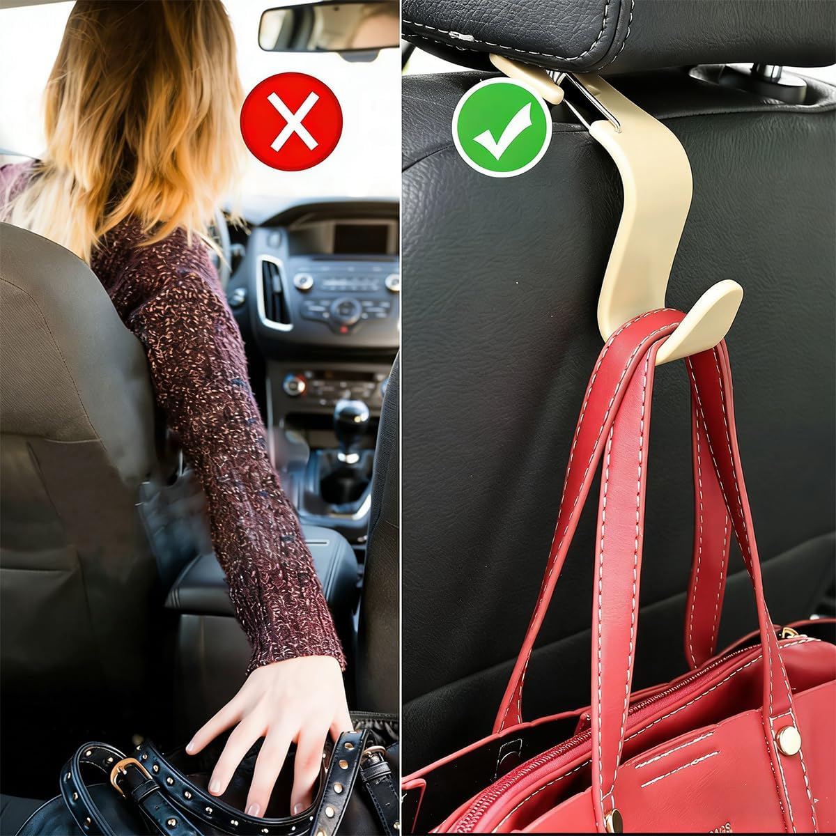 4PCS Car Seat Headrest Hook, Multi-Purpose Seat Back Hanger Purse Bag Handbag Organizer, Auto Interior Backseat Storage Hook Holder for Coat Hat Grocery Umbrella, Universal Fit (Beige)