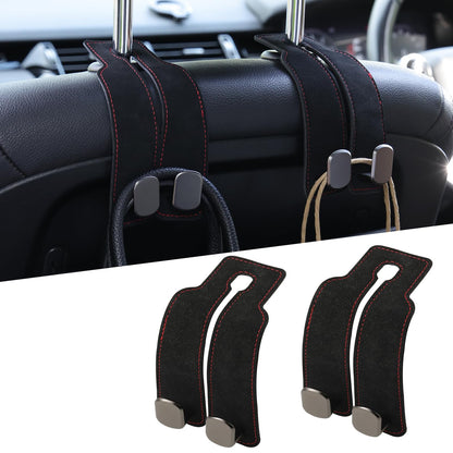KINIVA Car Seat Headrest Storage Hooks, Set of 2, Suede PU Leather, Double Hooks (Grey)