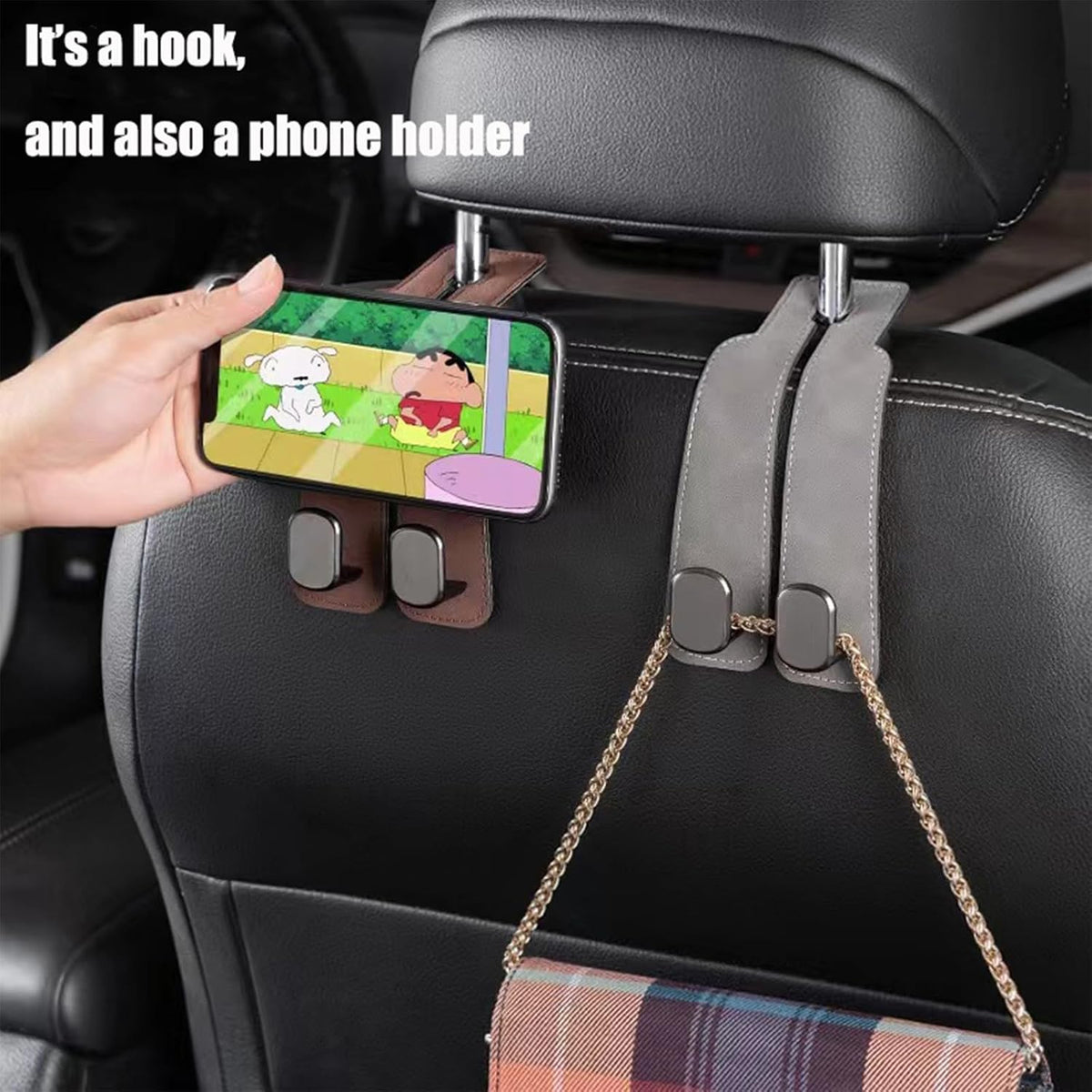 Car Headrest Hooks for Purses and Bags, Double Flexible Leather Hooks Car Accessories Interior for Women Men, 2 in 1 Back Seat Hook Car Organizer and Storage Car Essentials Organization Car Must Haves