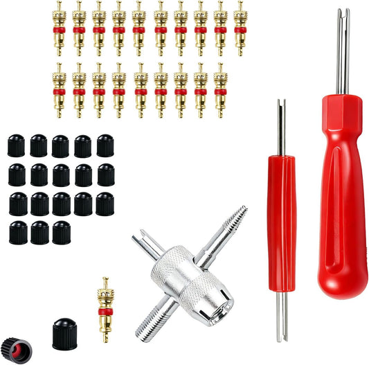 Valve Stem Removal Tool, 20 PCS Valve Cores, 20 PCS Tire Valves Caps, 1 PCS 4-Way Valves Tool, Valve Core Remover Tool with Storage Box Universal for Cars/Motocycle/Bike