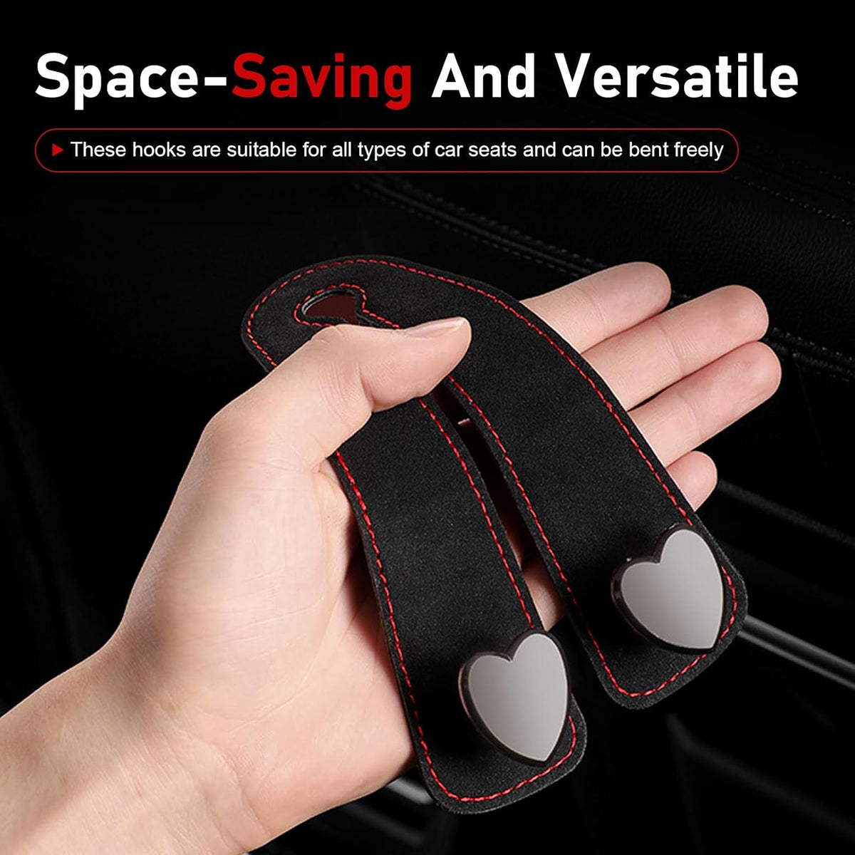 2Pcs Car Headrest Hooks, Luxurious Leather Metal Twin Hook Design, Multifunctional Seat Back Storage Hanger Holder, Universal Auto Accessory for Purses Bags Handbags (Black)