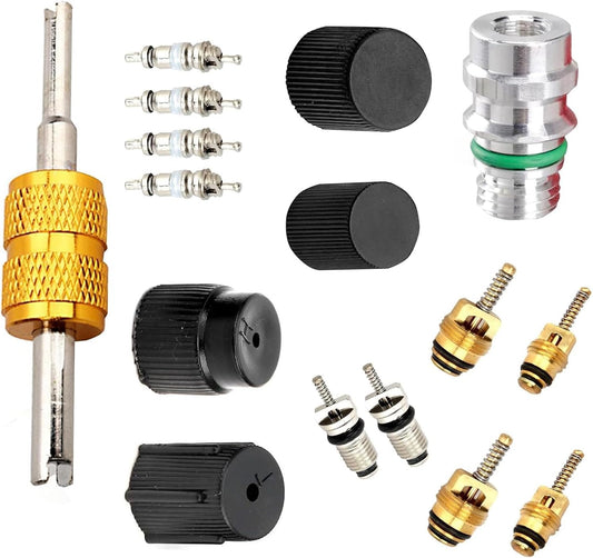 Downhill 16 PCS Air Condition Valve Core Kit, R134A A/C Ducts Pressure Caps and Service Valves, Universal AC System Charging Port Maintain Accessories, for Most Cars, Trucks, SUVs (Black)