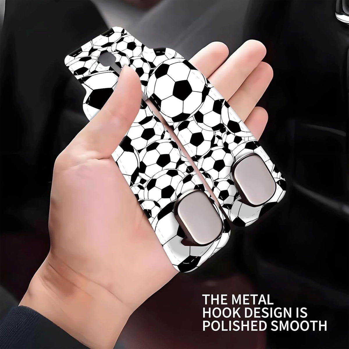 Car Seat Headrest Hook, Universal Leather Cute Hanger Holder Hook, Storage Organizer Interior Accessories for Purse Bags Handbag Black White Soccer