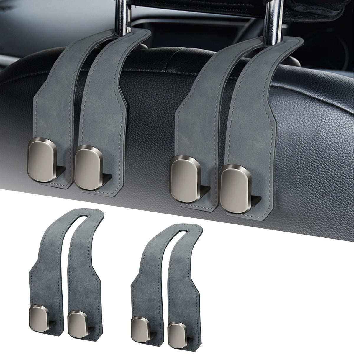 Car Purse Hook, Car Seat Headrest Hooks, Black Leather 2 Pack