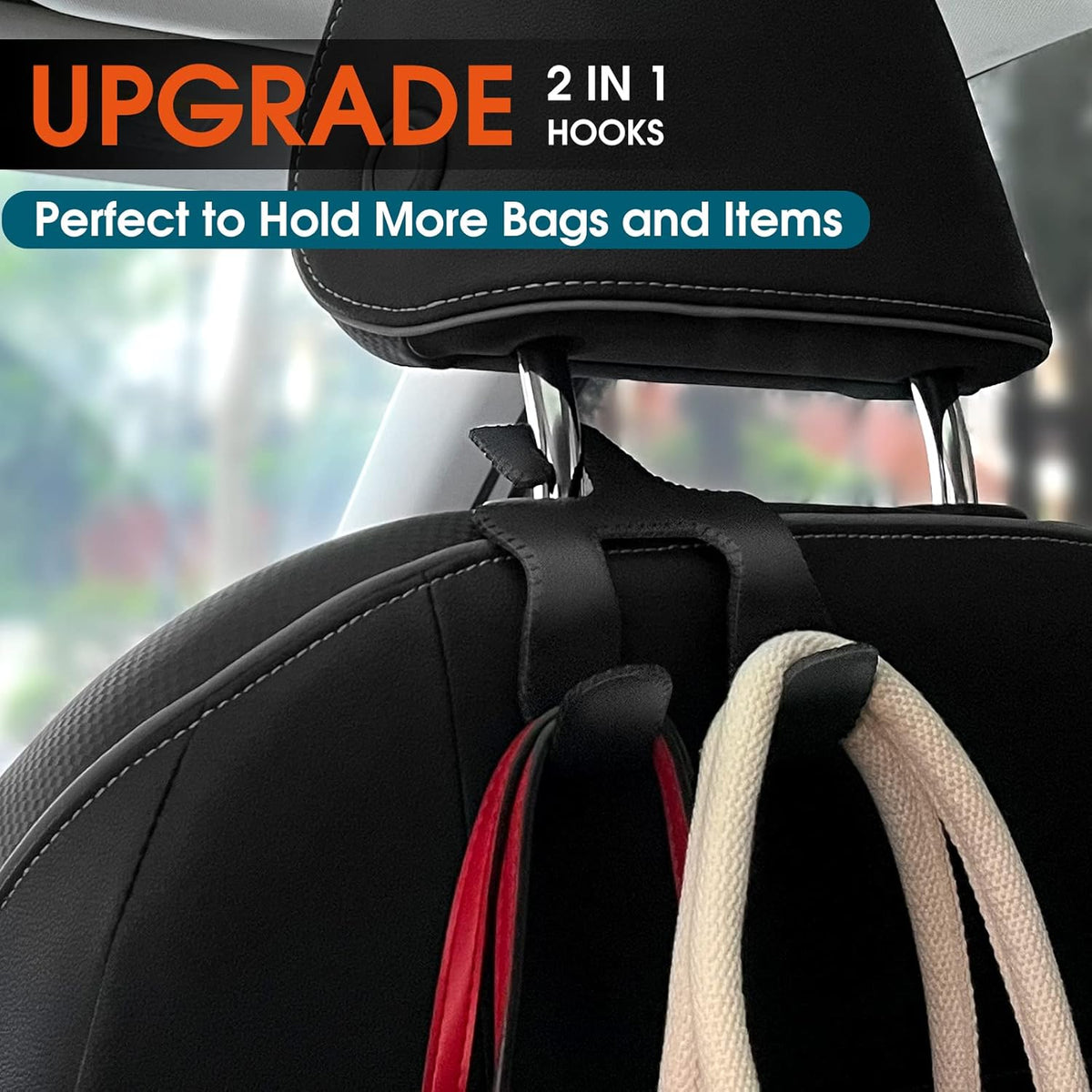 Car Headrest Hooks for Purses and Bags, Upgraded 2 in 1 Cars Back Seat Head Rest Hanger Vehicle Leather Organizer Storage Holder Hook Matching Cars Interior, 1-Pack, Black