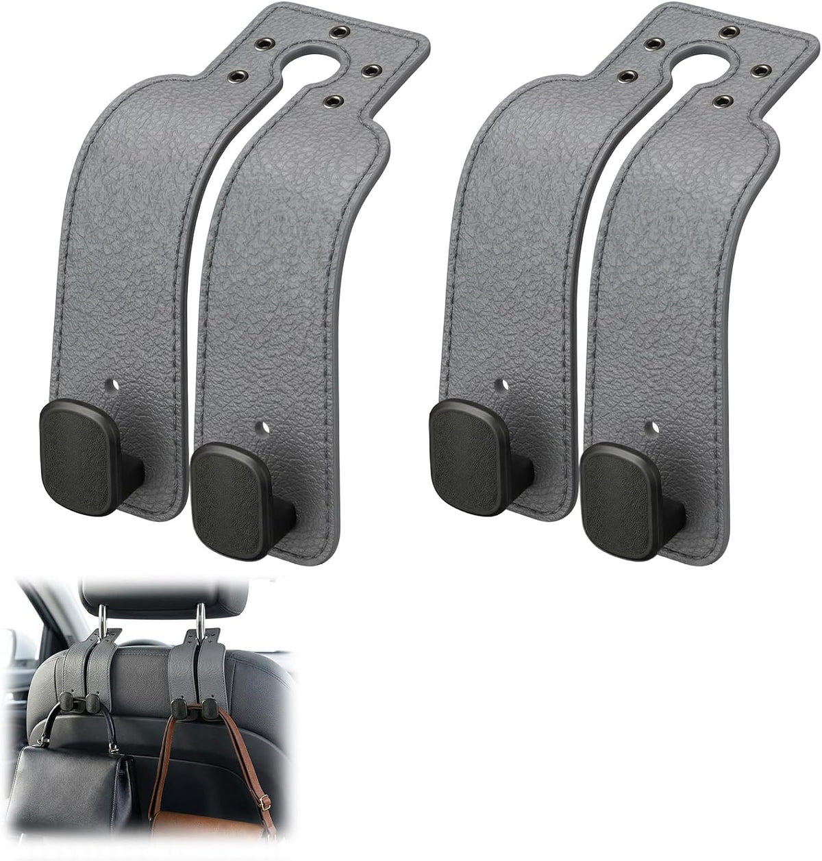 Headrest Hooks for Car, Car Seat Back Organizer Storage Hook, Double Hook Car Seat Hooks for Hanger Purses and Bags, Leather Purse Holder for Car (Grey)